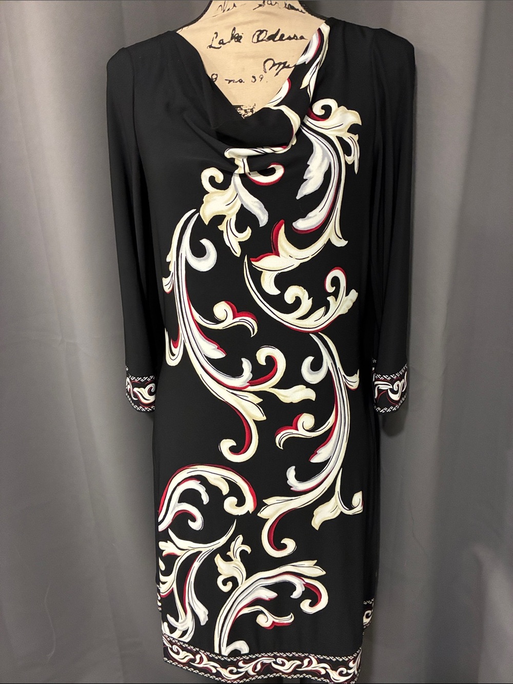 White House Black Market Black Long Sleeve Dress with Cream and Red Scroll Print